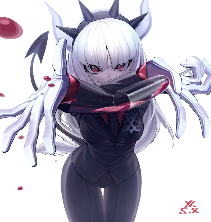 1girl, absurdres, alcohol, black_tail, breasts, cowboy_shot, crown, cup, demon_girl, demon_horns, demon_tail, drinking_glass, formal, helltaker, highres, horns, ihavetwoooo, looking_at_viewer, lucifer_(helltaker), mole, mole_under_eye, pant_suit, pants, red_eyes, red_shirt, shirt, smile, solo, standing, suit, tail, thigh_gap, tuxedo, white_hair, white_horns, wine, wine_glass