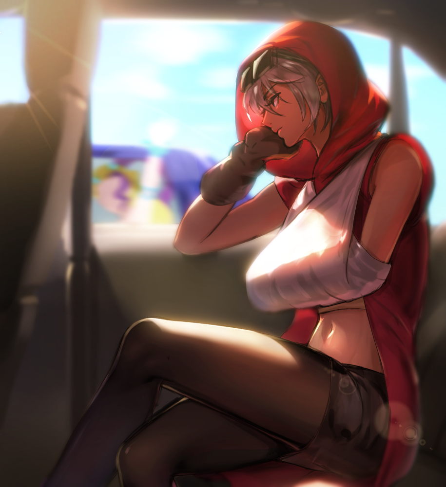 1girl, at4190_(user_vzac7788), bandaged_arm, bandages, bangs, black_skirt, blue_sky, brown_gloves, brown_pantyhose, car_interior, closed_mouth, clouds, cloudy_sky, crop_top, crossed_legs, eyewear_on_head, gloves, hand_on_own_cheek, hand_on_own_face, jacket, jojo_no_kimyou_na_bouken, lipstick, makeup, mariah_(jojo), medium_hair, navel, pantyhose, red_jacket, single_glove, sitting, skirt, sky, sleeveless, solo, stardust_crusaders, sunglasses, white_hair, yellow_eyes