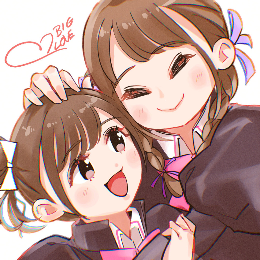 2girls, :d, assault_lily, bangs, blush, bow, bowtie, braid
