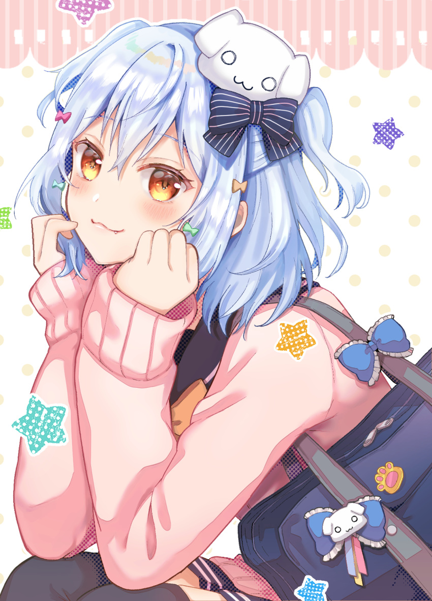 1girl, :3, arime_hotaru, bag, bag_charm, bangs, blue_hair, blush