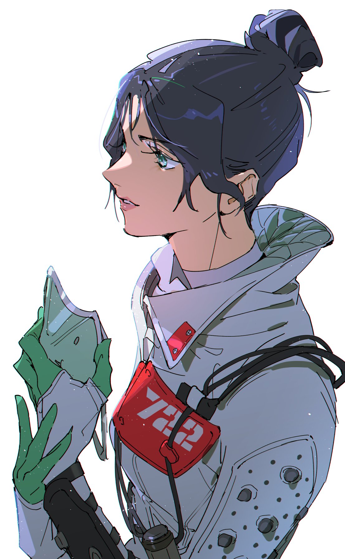 1girl, animification, apex_legends, bangs, black_hair, blue_eyes, breasts, cable