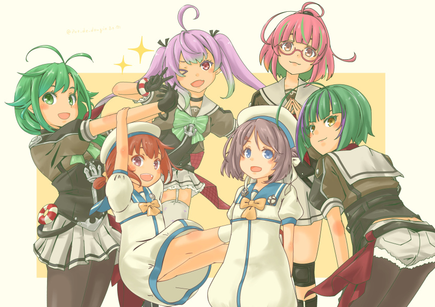 6+girls, absurdres, antenna_hair, ass, back, belt, black_belt, black_gloves