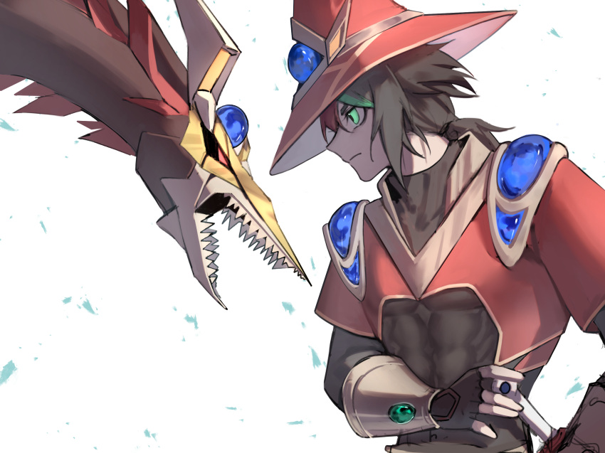 1boy, covered_abs, dd03420354, double_iris_magician, dragon, duel_monster, from_side, glowing, glowing_eye, green_eyes, green_hair, hair_between_eyes, hat, highres, jewelry, male_focus, medium_hair, multicolored_hair, odd-eyes_pendulum_dragon, ponytail, redhead, solo, toned, toned_male, two-tone_hair, upper_body, wizard_hat, yu-gi-oh!, yu-gi-oh!_arc-v
