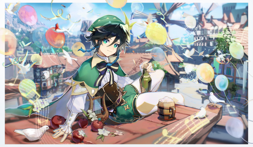 1boy, apple, balloon, beer_mug, beret, bird, black_hair, blue_hair