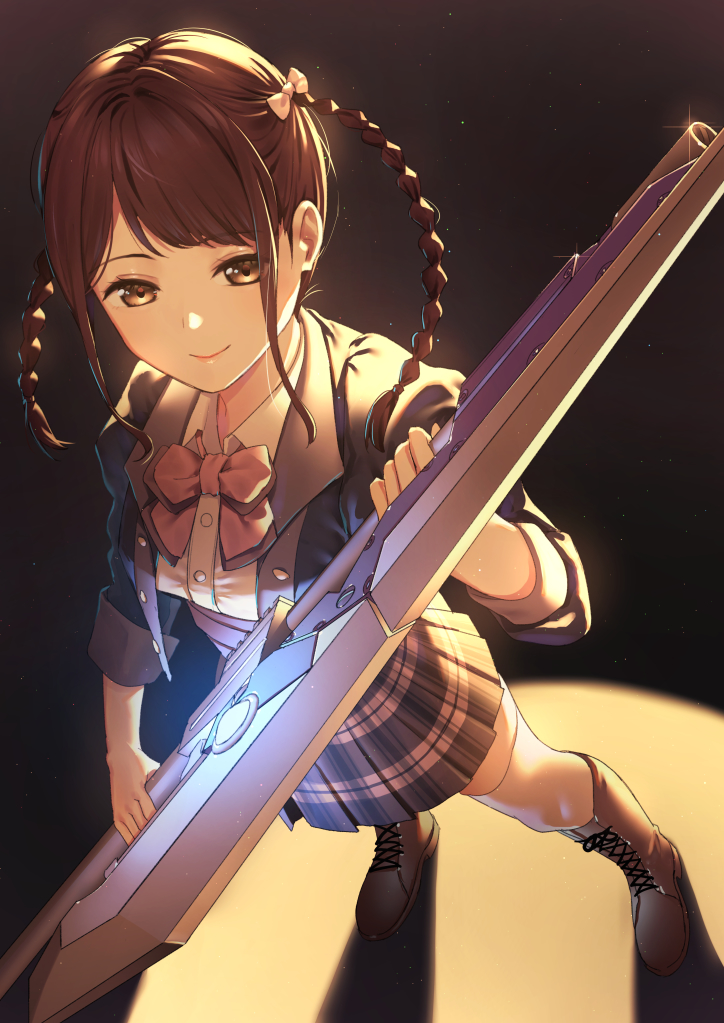 1girl, assault_lily, backlighting, bangs, black_background, black_footwear, black_jacket, boots, bow, bowtie, braid, brown_eyes, brown_hair, buttons, closed_mouth, collared_shirt, cosplay, from_above, full_body, glint, gradient, gradient_background, hair_bow, hand_up, holding, holding_weapon, jacket, juliet_sleeves, kishimoto_lucia_raimu, kishimoto_lucia_raimu_(cosplay), knee_boots, lace-up, light_particles, long_sleeves, looking_at_viewer, looking_up, ludvico_private_girls'_academy_school_uniform, medium_hair, miniskirt, miyase_reina, nagareboshi, open_clothes, open_jacket, pink_bow, pink_bowtie, pink_skirt, plaid, plaid_skirt, pleated_skirt, puffy_sleeves, real_life, school_uniform, shadow, shirt, sidelocks, skirt, solo, spotlight, standing, swept_bangs, thigh-highs, twin_braids, twintails, two-handed, underbust, voice_actor, voice_actor_connection, weapon, white_bow, white_shirt, white_thighhighs