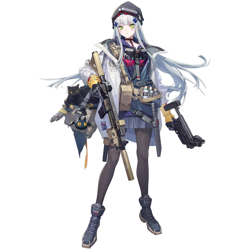 1girl, acog, assault_rifle, dual_wielding, girls'_frontline_neural_cloud, girls_frontline, green_eyes, grenade_launcher