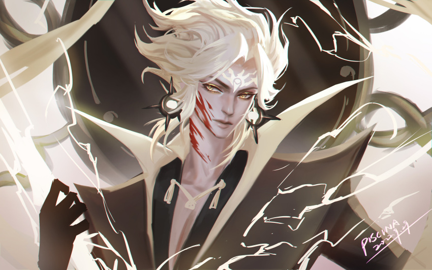 1boy, absurdres, artist_name, black_gloves, blonde_hair, blood, blood_on_face, dated