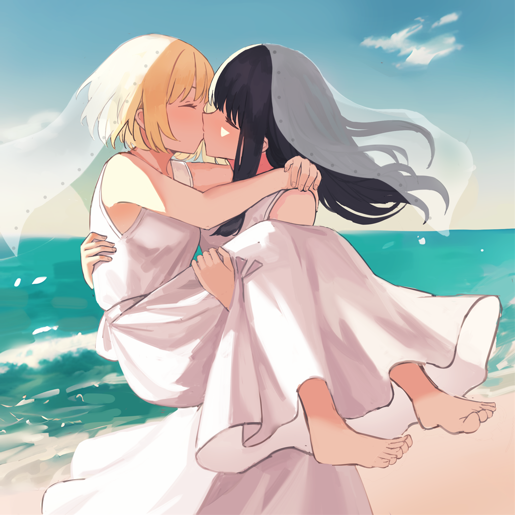 2girls, barefoot, beach, black_hair, blonde_hair, blue_sky, bridal_veil, carrying