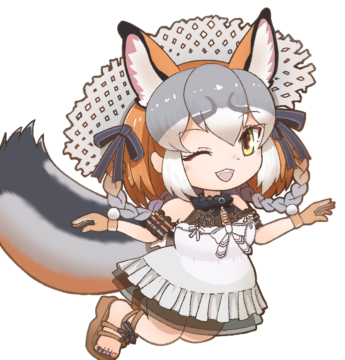 1girl, animal_costume, animal_ear_fluff, animal_ears, arm_belt, dress, extra_ears, fox_ears, fox_girl, fox_tail, gloves, grey_hair, hat, hissaa_(hisser), island_fox_(kemono_friends), jumping, kemono_friends, kemono_friends_v_project, long_hair, looking_at_viewer, multicolored_hair, one_eye_closed, open_mouth, orange_hair, ribbon, sandals, simple_background, smile, solo, sundress, tail, virtual_youtuber, yellow_eyes