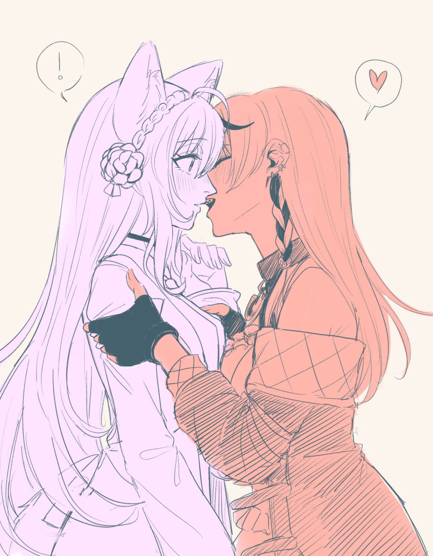 !, 2girls, animal_ears, blush, braid, braided_bun, closed_eyes, commentary