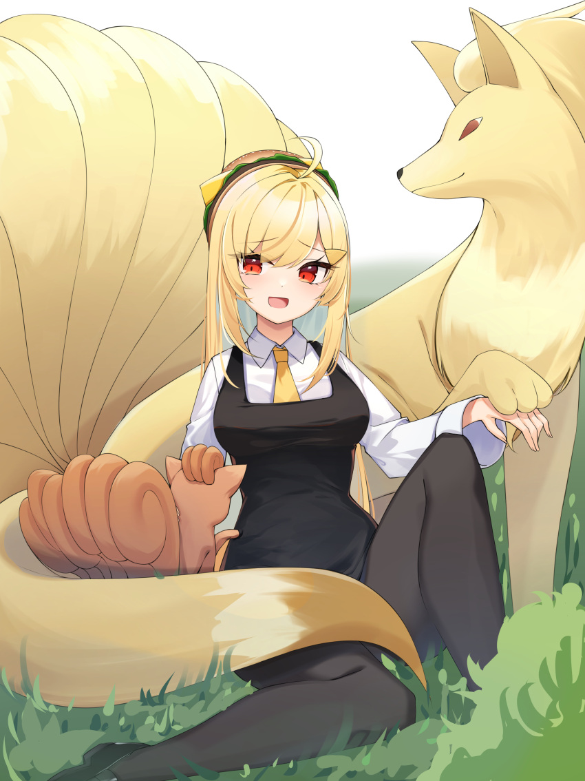 1girl, :d, absurdres, ahoge, black_dress, black_pantyhose, blonde_hair, breasts, collared_shirt, dress, hair_ornament, hairclip, hamburger_hat, hat, highres, jingburger, knee_up, long_hair, long_sleeves, looking_at_viewer, medium_breasts, necktie, ninetales, open_mouth, pantyhose, pokemon, pokemon_(creature), red_eyes, shirt, sitting, sleeveless, sleeveless_dress, smile, virtual_youtuber, vulpix, waktaverse, white_shirt, ziro_(zirorong)