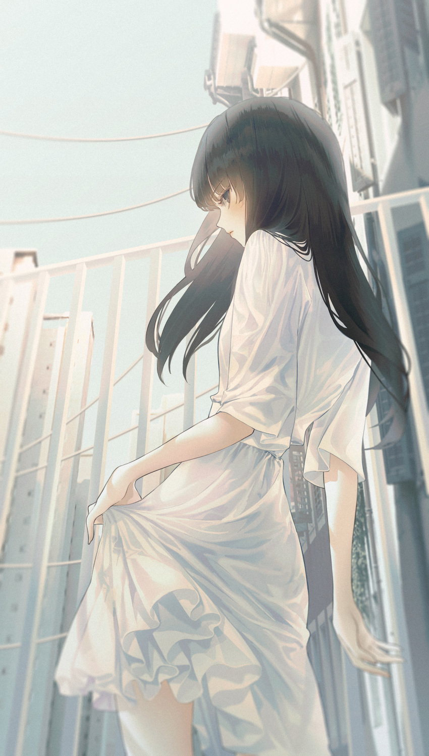 1girl, absurdres, bangs, black_eyes, black_hair, blue_sky, building, closed_mouth