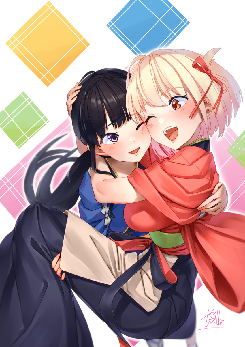 2girls, black_hair, blonde_hair, blush, breasts, carrying, cheek-to-cheek, hair_ribbon
