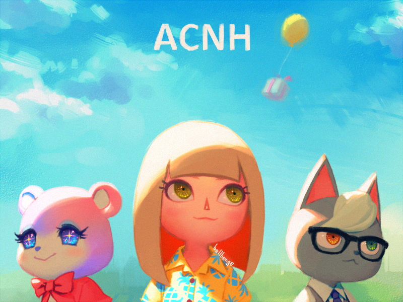 1boy, 2girls, animal_crossing, balloon, bear_girl, bellhenge, blonde_hair, bob_cut