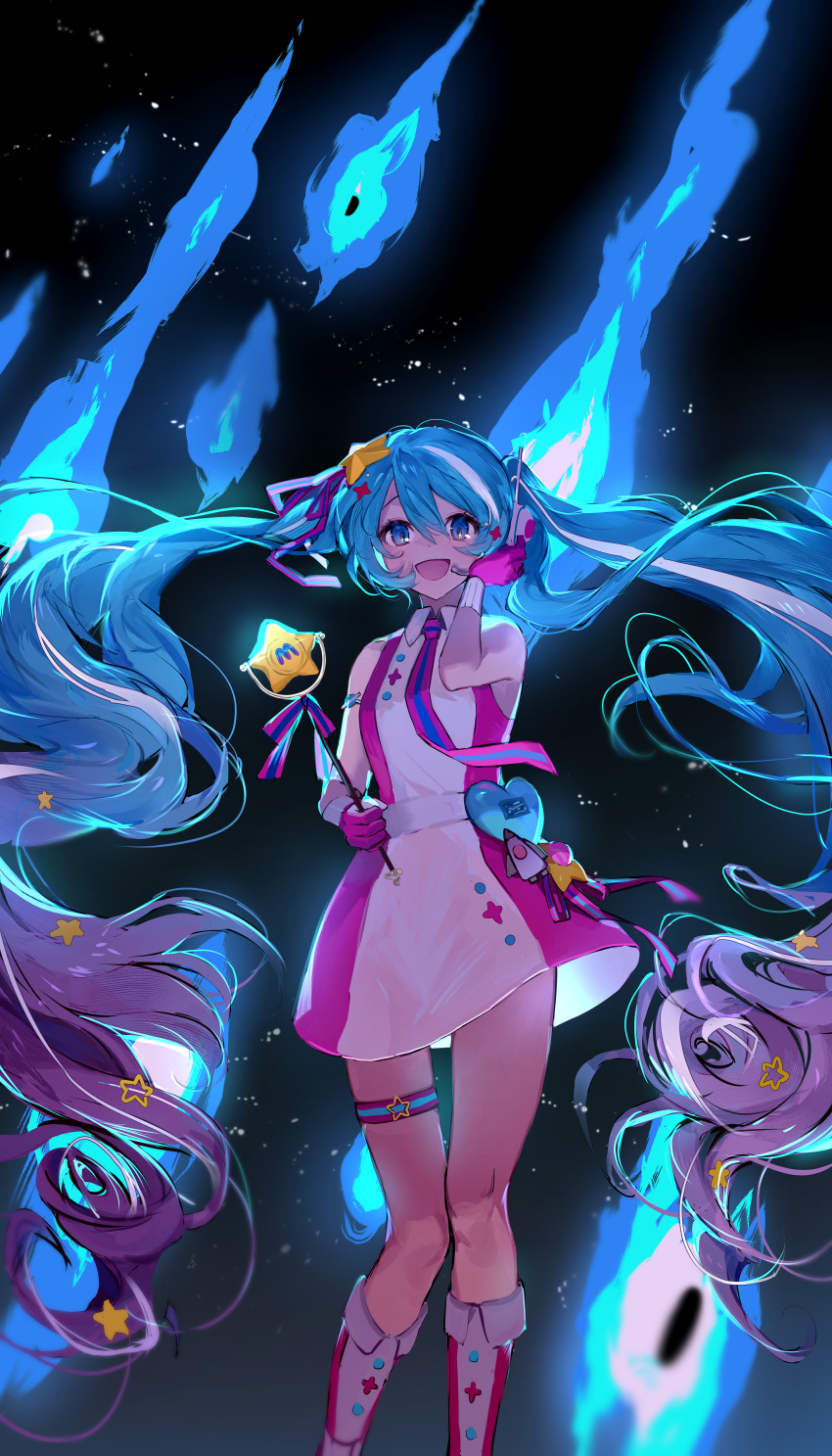 1girl, :d, absurdly_long_hair, absurdres, aqua_eyes, aqua_hair, backlighting, bare_arms
