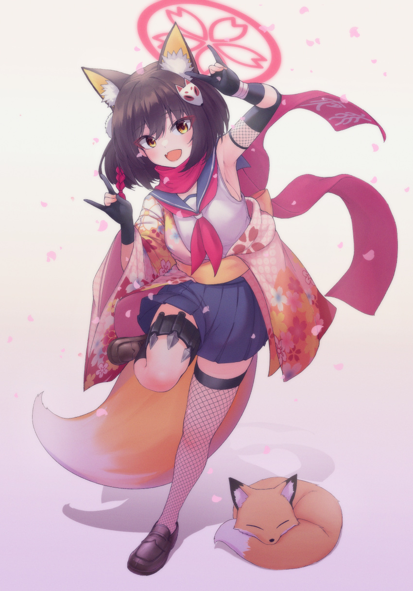 1girl, absurdres, animal_ear_fluff, animal_ears, animal_hair_ornament, blue_archive, brown_hair, bsm_(nerdmin), fishnet_thighhighs, fishnets, floral_print, fox, fox_ears, fox_girl, fox_hair_ornament, fox_shadow_puppet, fox_tail, gloves, hair_ornament, halo, highres, holster, izuna_(blue_archive), japanese_clothes, kunai, loafers, obi, partially_fingerless_gloves, pink_scarf, pleated_skirt, pom_pom_(clothes), pom_pom_hair_ornament, sash, scarf, school_uniform, serafuku, shirt, shoes, short_hair, single_thighhigh, skirt, sleeveless, sleeveless_shirt, standing, standing_on_one_leg, tail, thigh-highs, thigh_holster, weapon, white_serafuku, wrist_wrap, yellow_eyes