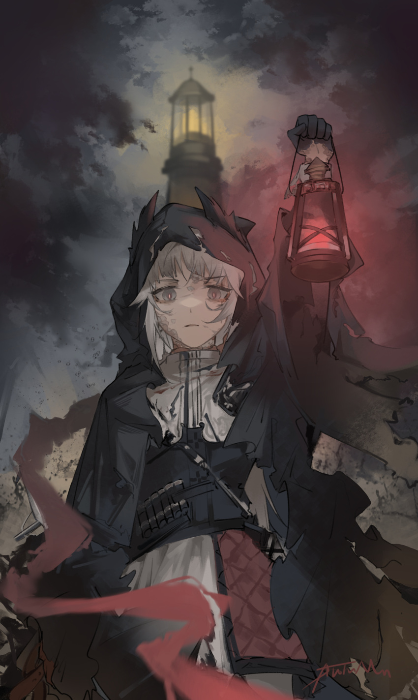 1girl, absurdres, ammunition_belt, arknights, arm_up, black_dress, commentary, cowboy_shot