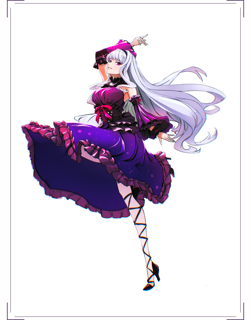 1girl, arm_up, black_hairband, black_sleeves, bow, breasts, floating_hair, framed