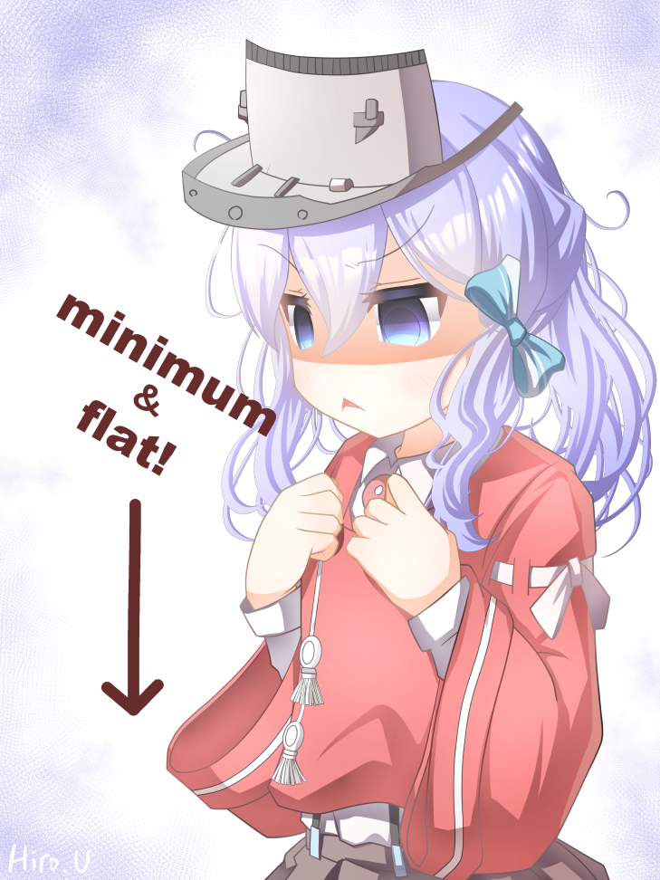 1girl, blue_eyes, cosplay, english_text, flat_chest, hair_ornament, hair_ribbon, japanese_clothes, kantai_collection, kariginu, langley_(kancolle), long_sleeves, magatama, medium_hair, purple_hair, ribbon, ryuujou_(kancolle), ryuujou_(kancolle)_(cosplay), solo, upper_body, uraguchi_hiiro, visor_cap