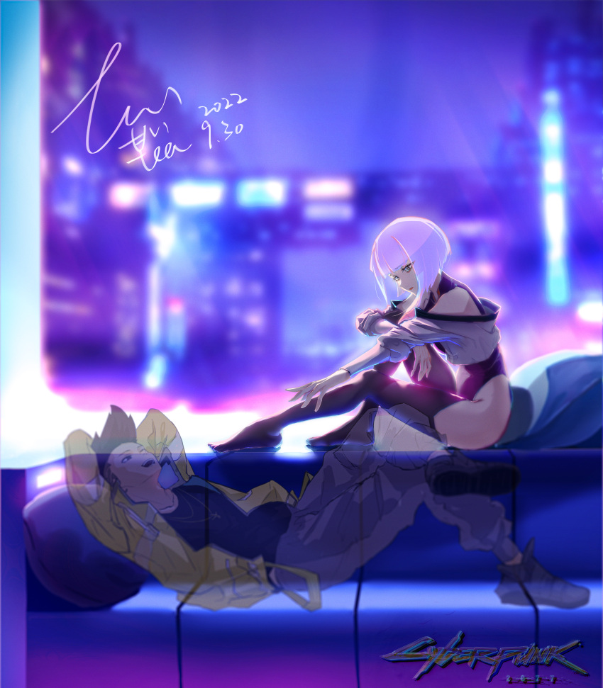 1boy, 1girl, absurdres, artificial_eye, backlighting, bare_shoulders, black_leotard, black_thighhighs