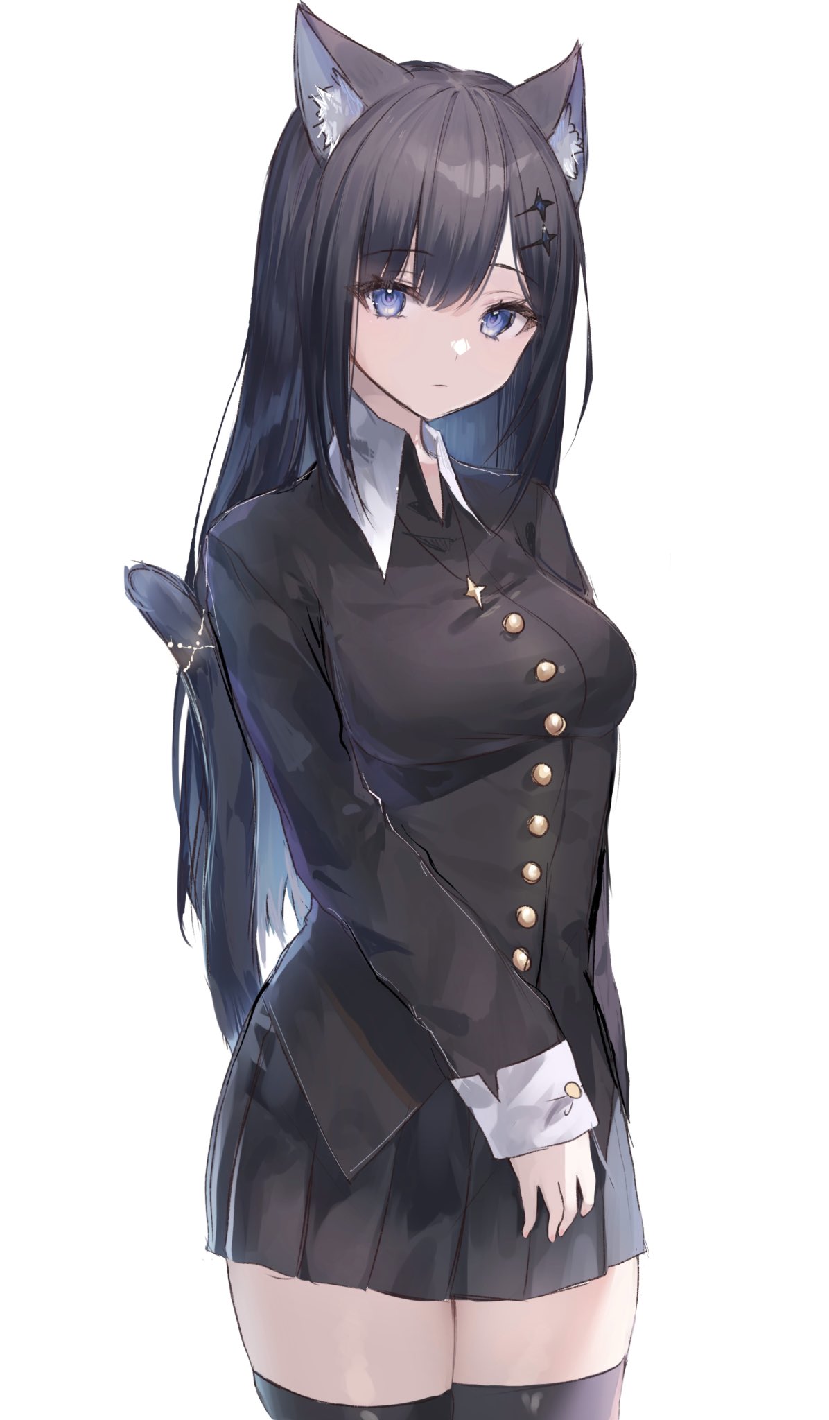 1girl, animal_ear_fluff, animal_ears, bangs, black_hair, black_shirt, black_skirt, black_thighhighs, breasts, buttons, cat_ears, cat_girl, cat_tail, closed_mouth, collarbone, commentary_request, hair_ornament, hairclip, head_tilt, highres, jewelry, legs_together, long_hair, looking_at_viewer, medium_breasts, necklace, original, parted_bangs, pleated_shirt, pleated_skirt, pudding_cream, shirt, sidelocks, simple_background, skirt, sleeves_past_wrists, solo, tail, tail_ornament, tail_raised, thigh-highs, untucked_shirt, very_long_sleeves, violet_eyes, white_background, zettai_ryouiki