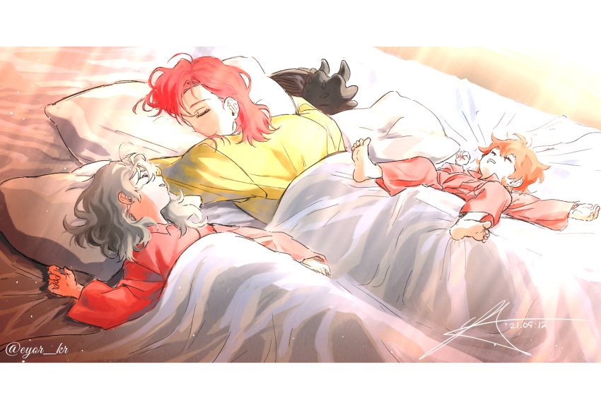 1girl, 3boys, artist_name, barefoot, bed_sheet, border, cale_henituse, child, dated, dragon, drooling, eyor_kr, female_child, grey_hair, highres, hong_(lout_of_count's_family), korean_commentary, light_rays, long_hair, long_sleeves, lout_of_count's_family, lying, male_child, multiple_boys, ohn_(lout_of_count's_family), on_back, on_stomach, pajamas, pillow, raon_miru, red_pajamas, redhead, short_hair, signature, sleeping, sunbeam, sunlight, western_dragon, yellow_pajamas