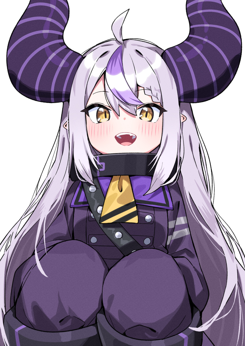1girl, :d, ahoge, bangs, blush, braid, braided_bangs, demon_horns