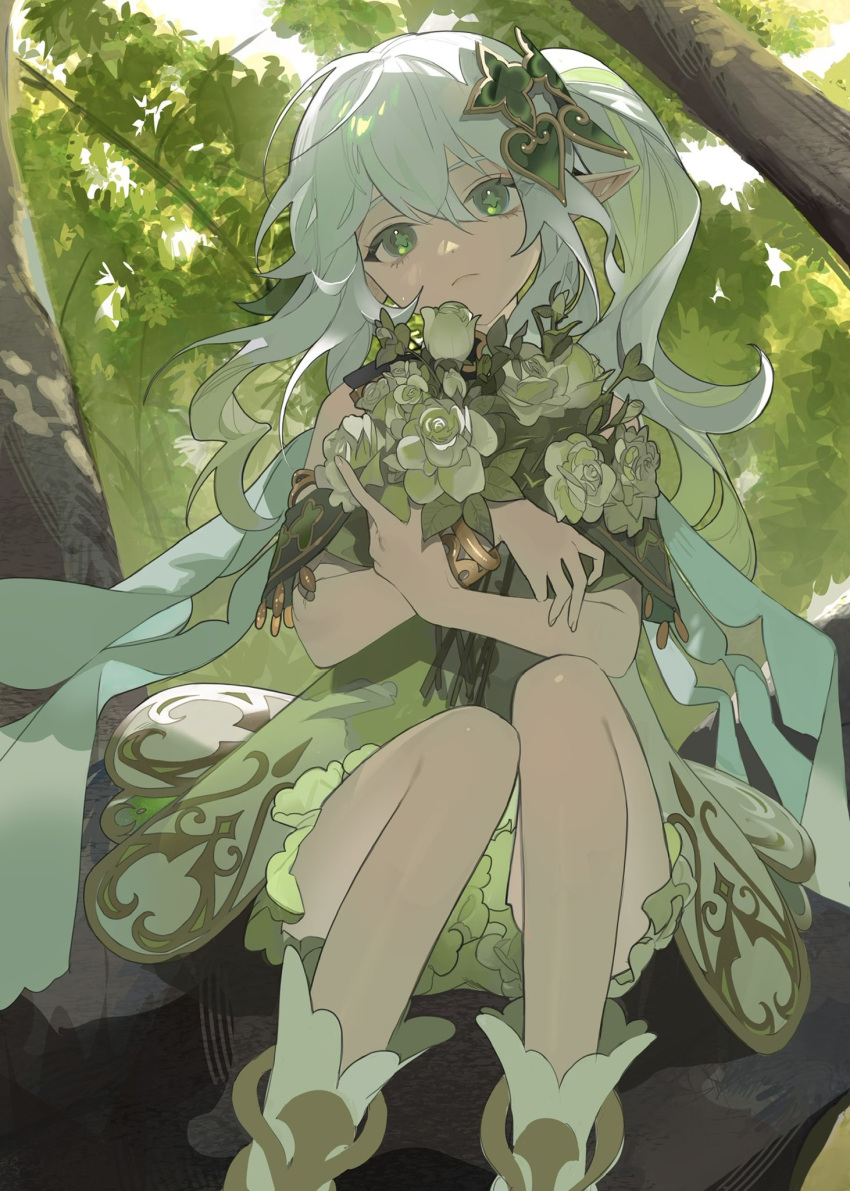+_+, 1girl, bouquet, closed_mouth, commentary, dress, eyebrows_hidden_by_hair, fingernails