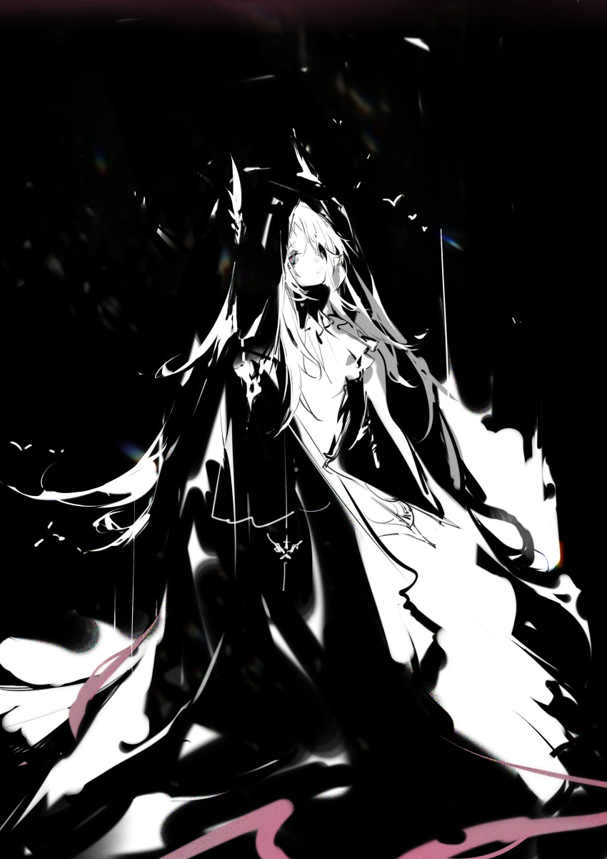 1girl, absurdres, arknights, black_background, chuzenji, greyscale, head_wings, head_wings_through_headwear