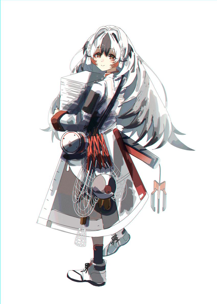1girl, absurdres, arknights, black_socks, coat, from_behind, full_body, grab_pigeon