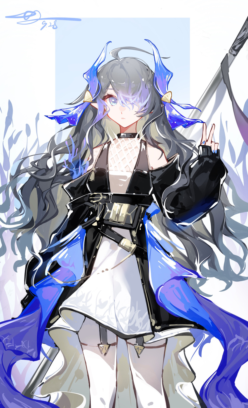 1girl, absurdres, ahoge, arknights, bangs, bare_shoulders, black_dress, black_hair, blue_eyes, blue_nails, clothing_cutout, commentary, dress, fingernails, hair_ornament, hair_over_one_eye, highmore_(arknights), highres, long_hair, long_sleeves, luan_teng, nail_polish, one_eye_covered, pointy_ears, shoulder_cutout, signature, sleeves_past_wrists, solo, thigh-highs, two-tone_dress, v, white_dress, white_thighhighs