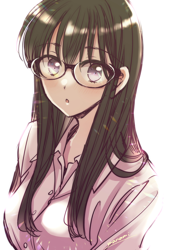 1girl, :o, bangs, black-framed_eyewear, blush, breasts, brown_hair, buttons