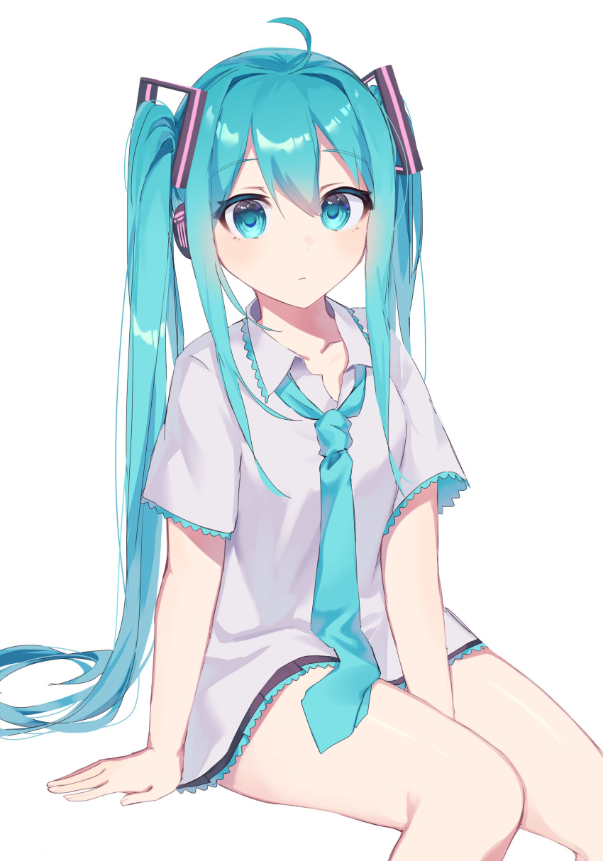1girl, absurdres, ahoge, aqua_hair, aqua_necktie, arm_support, bangs, bare_arms