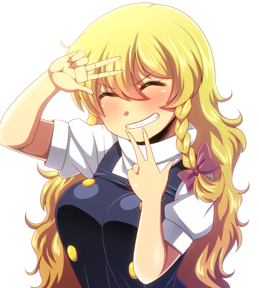 1girl, amazon_(taitaitaira), arm_up, bangs, black_dress, blonde_hair, blush, bow