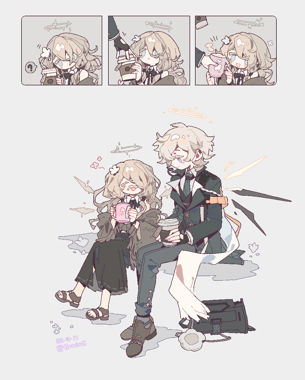 1boy, 1girl, :d, :o, ?, angel, arknights, black_bag, black_jacket, black_skirt, blonde_hair, blue_eyes, blush, brown_footwear, cecelia_(arknights), closed_eyes, collared_shirt, commentary, cup, detached_wings, disposable_cup, enforcer_(arknights), female_child, fingernails, flower, grey_necktie, grey_pants, grey_socks, hair_flower, hair_ornament, halo, happy, highres, holding, holding_cup, jacket, long_hair, looking_at_another, mug, necktie, pants, poncho, sandals, shirt, shoes, short_hair, skirt, smile, socks, spoken_question_mark, symbol-only_commentary, thurim6, twitter_username, violet_eyes, white_flower, white_hair, white_shirt, wings