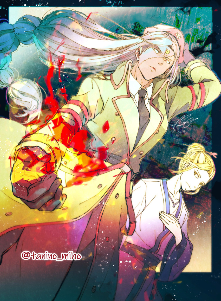 1boy, 1girl, belt, beret, black_gloves, black_necktie, blonde_hair, coat