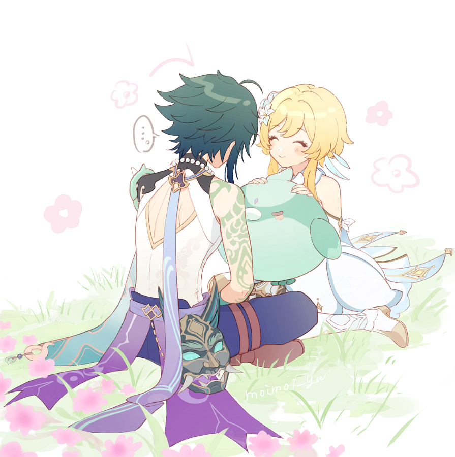 ..., 1boy, 1girl, ^_^, ahoge, arm_tattoo, armor, asymmetrical_sleeves