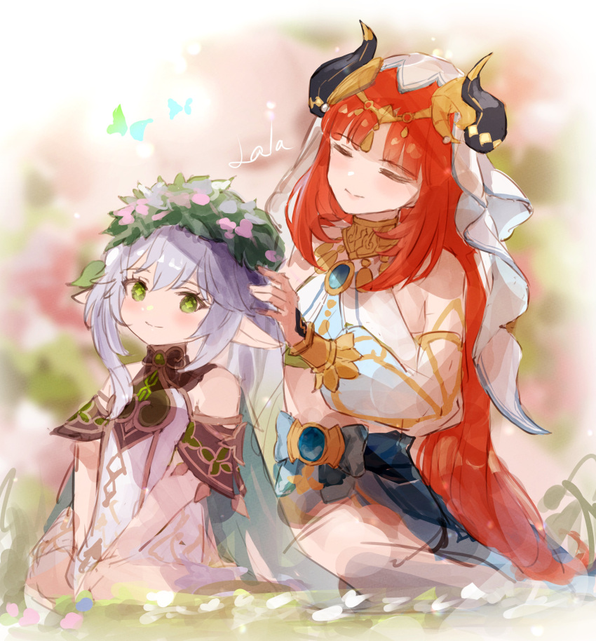 2girls, absurdres, artist_name, bangs, bare_shoulders, blue_gemstone, blurry, blurry_background
