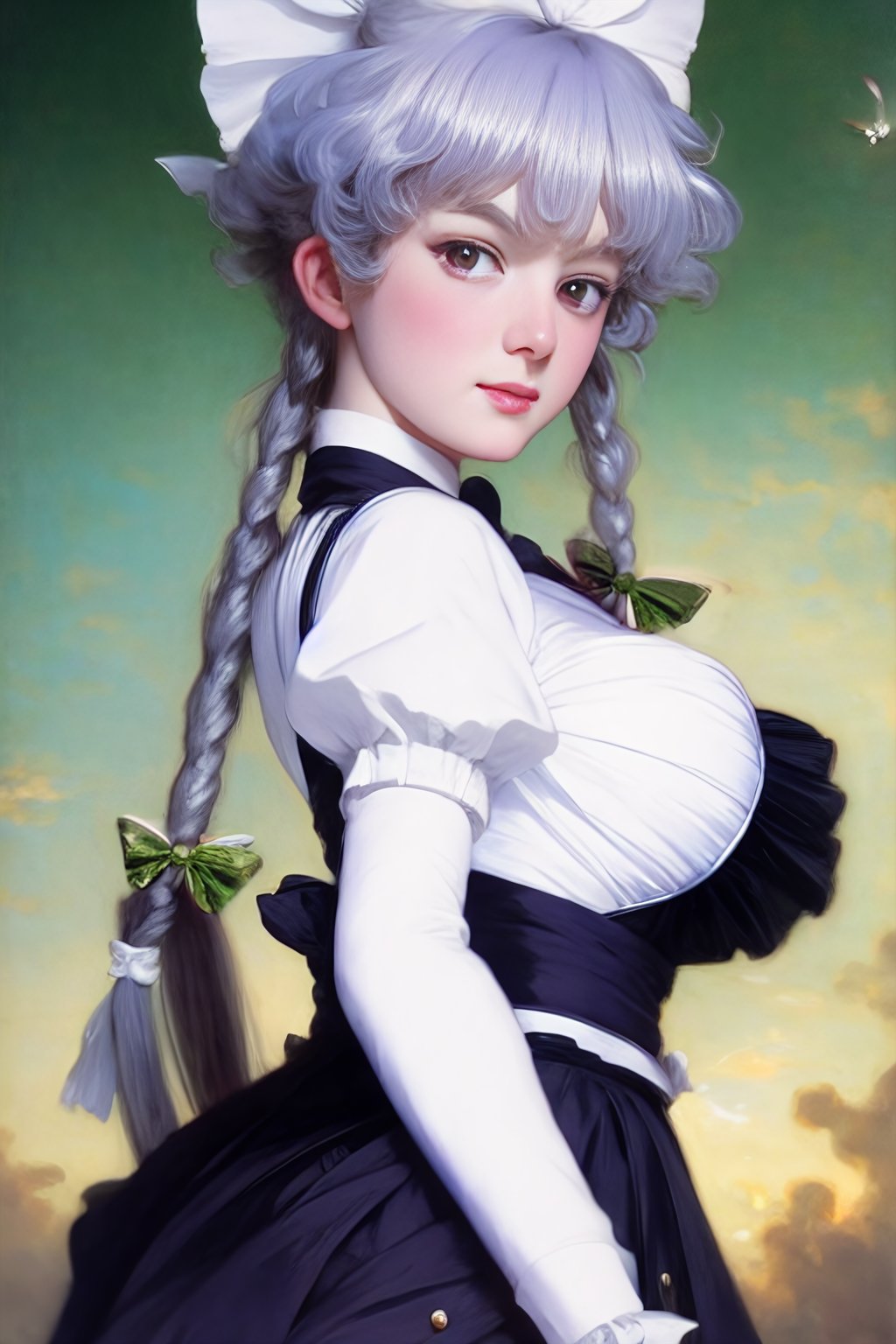 1girl, ai-generated, black_skirt, breasts, brown_eyes, clouds, cloudy_sky, english_commentary