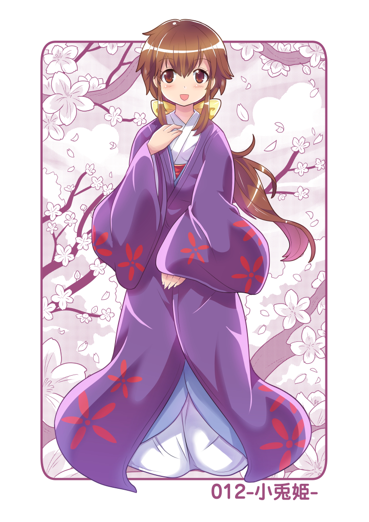 1girl, bow, brown_eyes, brown_hair, cherry_blossoms, cherry_tree, colonel_aki, commentary_request, floral_print, full_body, hair_between_eyes, hair_bow, japanese_clothes, kimono, kotohime_(touhou), long_hair, long_sleeves, looking_at_viewer, open_mouth, petals, sidelocks, smile, solo, standing, touhou, translation_request, wide_sleeves