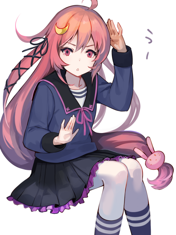 1girl, ahoge, black_skirt, black_socks, blue_serafuku, crescent, crescent_hair_ornament, feet_out_of_frame