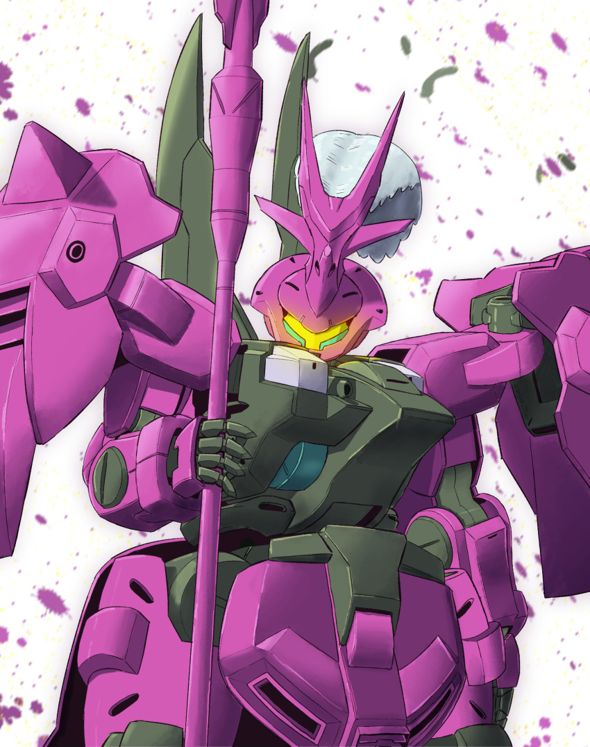 absurdres, assault_visor, dilanza_guel_custom, glowing, gundam, gundam_suisei_no_majo, highres, holding, holding_polearm, holding_weapon, looking_at_viewer, mecha, mobile_suit, no_humans, polearm, robot, solo, voldox, weapon, white_background