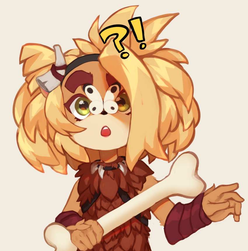 1girl, 2021, 4yob, activision, anthro, blonde_hair, bone, butterfly, butterfly_on_face, butterfly_on_nose, clothed, clothes, clothing, coco_bandicoot, countershade_face, crash_bandicoot_(series), female, fur, furry, green_eyes, holding_bone, messy_hair, multicolored_skin, necklace, open_mouth, orange_fur, orange_skin, simple_background, solo, surprised, thick_eyebrows, white_background, white_skin