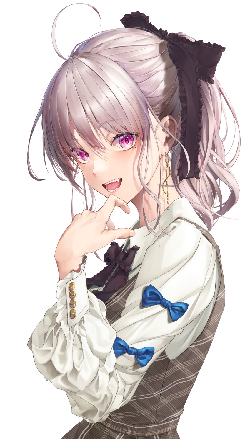 1girl, absurdres, ahoge, alternate_costume, bangs, black_ribbon, blue_bow, bow