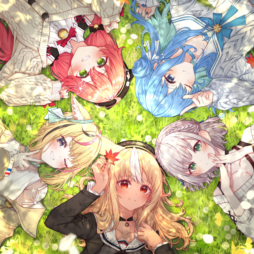 5girls, ;), absurdres, animal_ear_fluff, animal_ears, bangs, black_choker, black_hair, blue_choker, blue_eyes, blue_hair, blush, braid, choker, commentary_request, dark-skinned_female, dark_elf, dark_skin, elf, flower, fox_ears, fox_girl, from_above, grass, green_eyes, grey_hair, grin, hair_bun, hair_flower, hair_ornament, hat, highres, holding, holding_leaf, hololive, hoshimachi_suisei, leaf, long_hair, long_sleeves, lying, maple_leaf, multicolored_hair, multiple_girls, nail_polish, omaru_polka, on_back, one_eye_closed, pink_hair, pointy_ears, red_eyes, sakura_miko, shiranui_flare, shiranui_kensetsu, shirogane_noel, short_hair, single_side_bun, smile, star_(symbol), star_in_eye, streaked_hair, symbol_in_eye, tang-du, twintails, white_hair