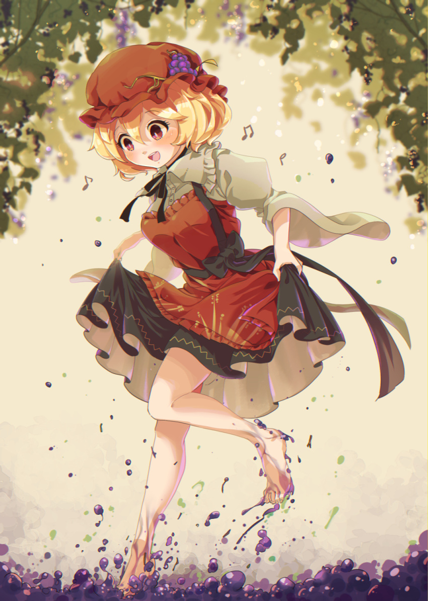 1girl, aki_minoriko, apron, barefoot, beamed_eighth_notes, black_ribbon, black_skirt, blonde_hair, blush, breasts, choker, collared_shirt, dotted_half_note, eighth_note, food, frilled_shirt_collar, frills, fruit, grape_hat_ornament, grape_stomping, grapes, hat, highres, juliet_sleeves, long_sleeves, medium_breasts, mob_cap, musical_note, noumin_joemanyodw, open_mouth, orange_apron, orange_eyes, orange_headwear, puffy_sleeves, ribbon, ribbon_choker, shirt, short_hair, skirt, skirt_hold, solo, toes, touhou, wheat_print, white_shirt, wide_sleeves