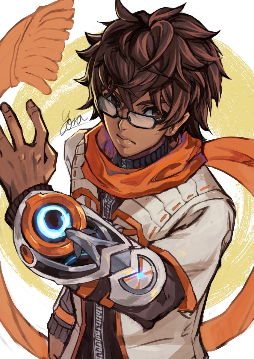 1boy, black_sweater, brown_eyes, brown_hair, dark-skinned_male, dark_skin, glasses, highres