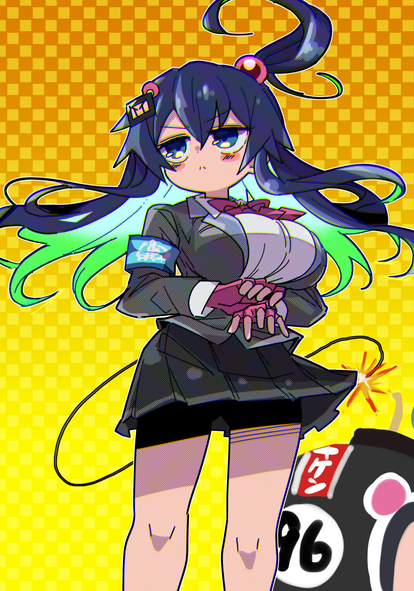 1girl, :<, armband, bangs, black_bomberman, black_skirt, blue_eyes, bombergirl