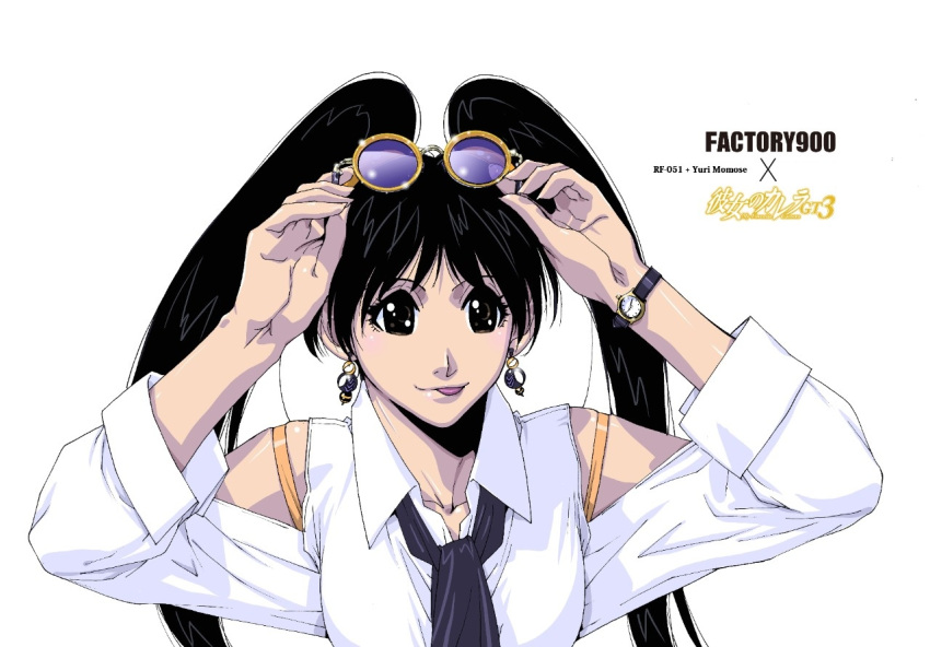 1girl, black_eyes, black_hair, earrings, eyewear_on_head, jewelry, kanojo_no_carrera_gt3, kikuchi_michitaka