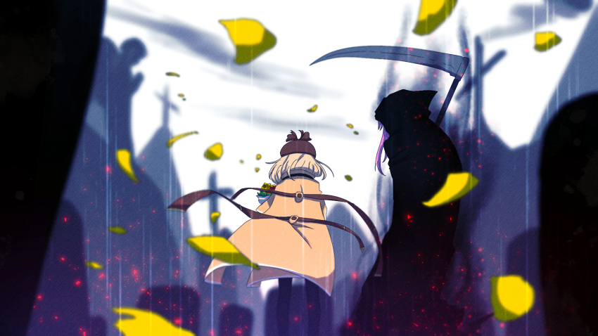 2girls, black_cloak, blonde_hair, blurry, blurry_background, cloak, commentary, cosplay